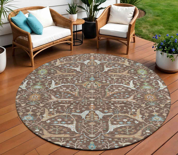 8' Brown Green And Ivory Round Floral Washable Indoor Outdoor Area Rug