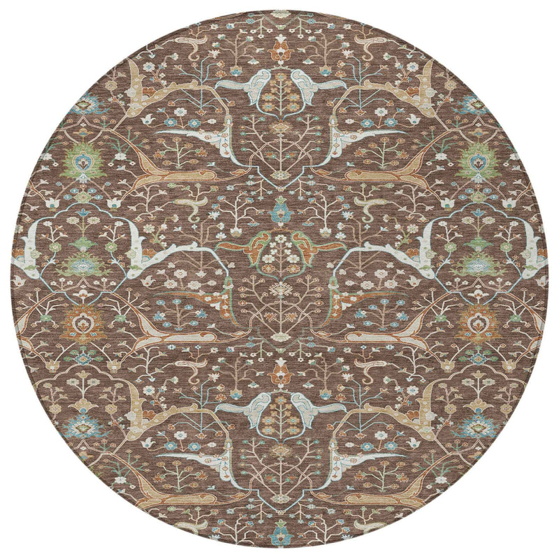 8' Brown Green And Ivory Round Floral Washable Indoor Outdoor Area Rug
