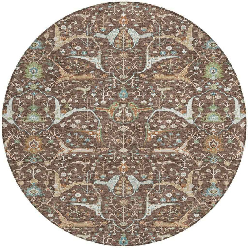 8' Brown Green And Ivory Round Floral Washable Indoor Outdoor Area Rug