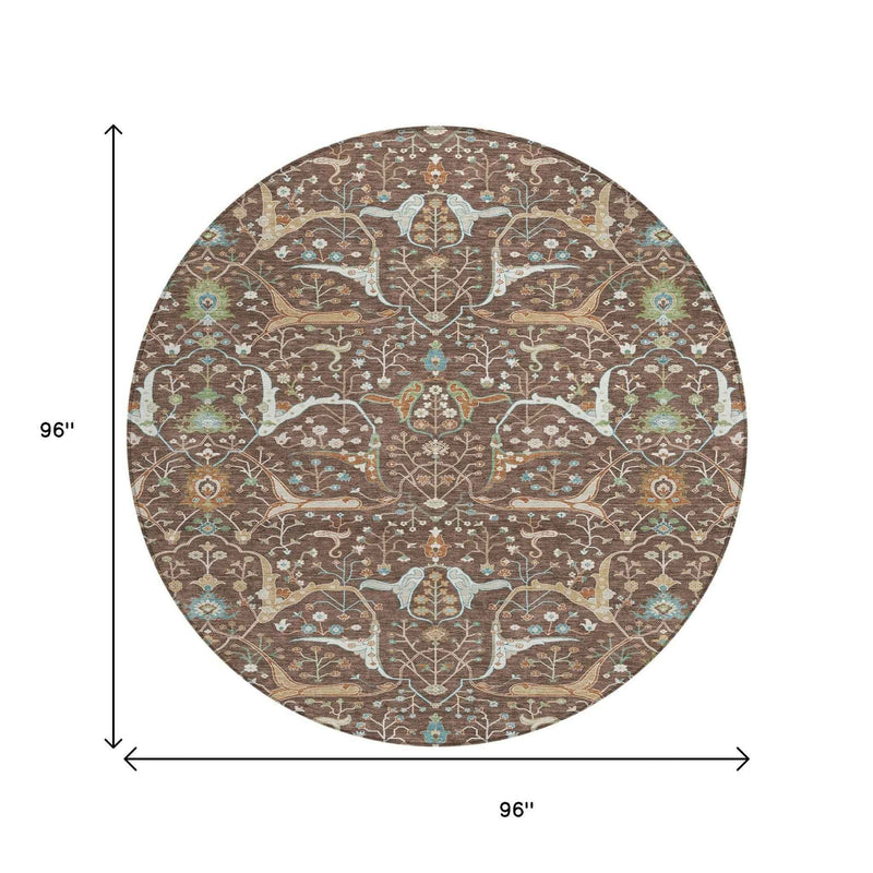 8' Brown Green And Ivory Round Floral Washable Indoor Outdoor Area Rug