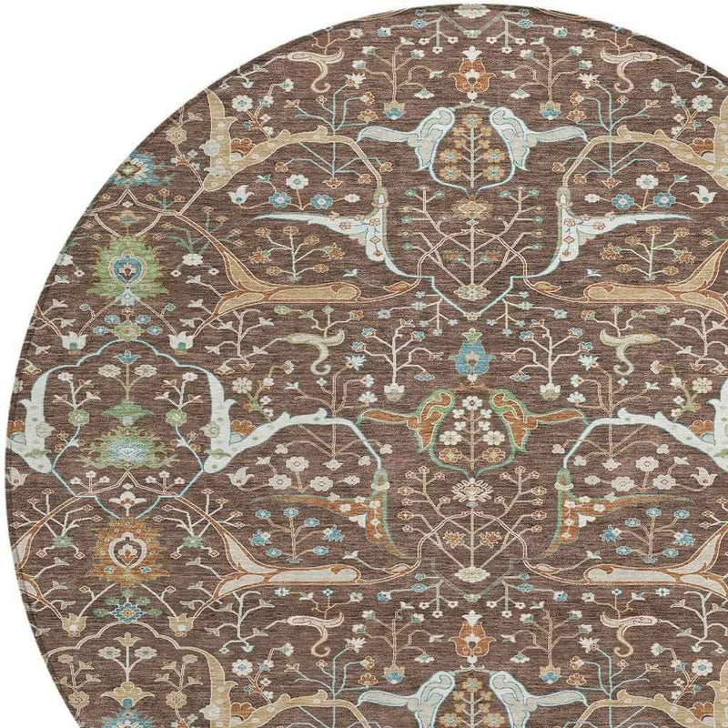 8' Brown Green And Ivory Round Floral Washable Indoor Outdoor Area Rug
