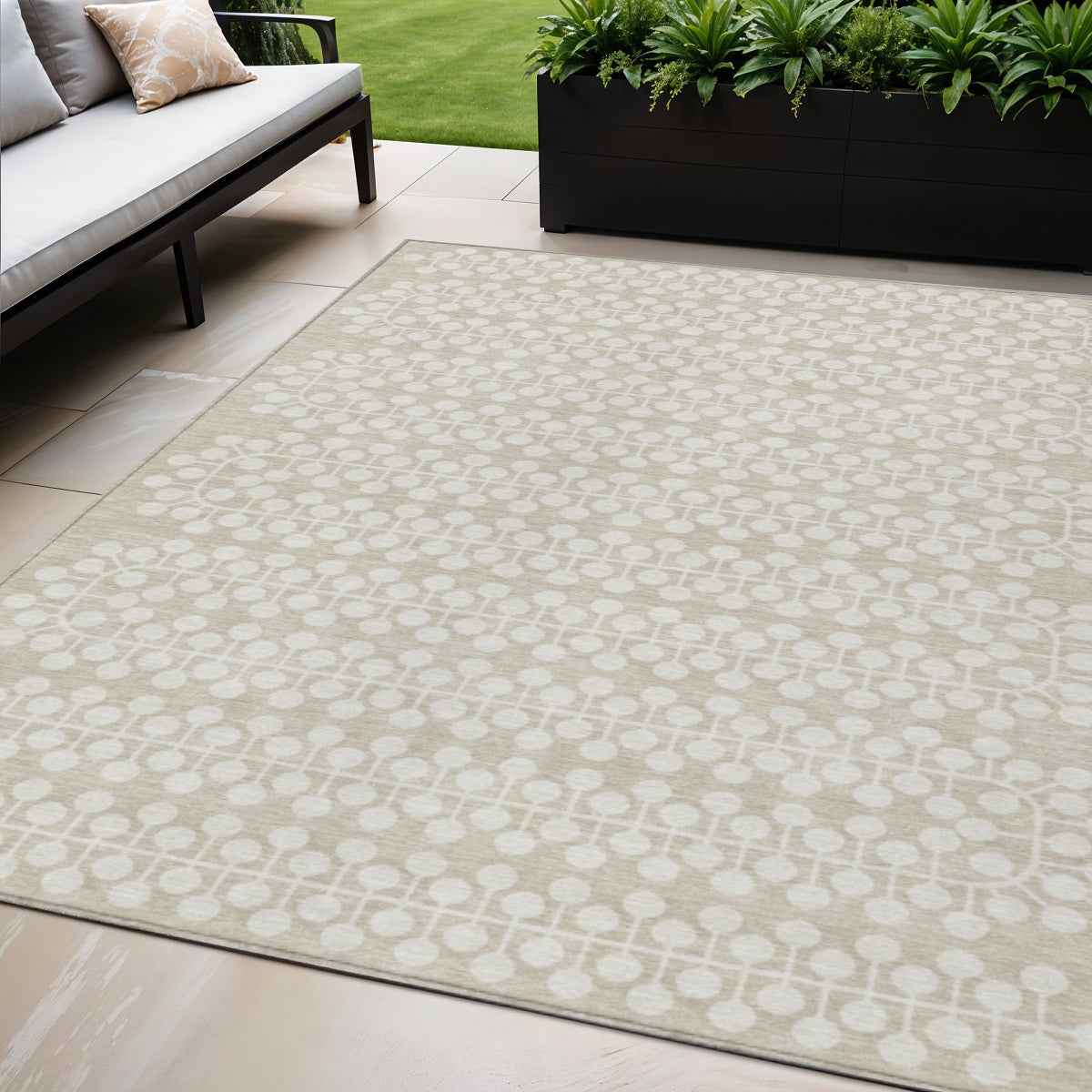 5' X 8' Beige And Ivory Geometric Washable Indoor Outdoor Area Rug