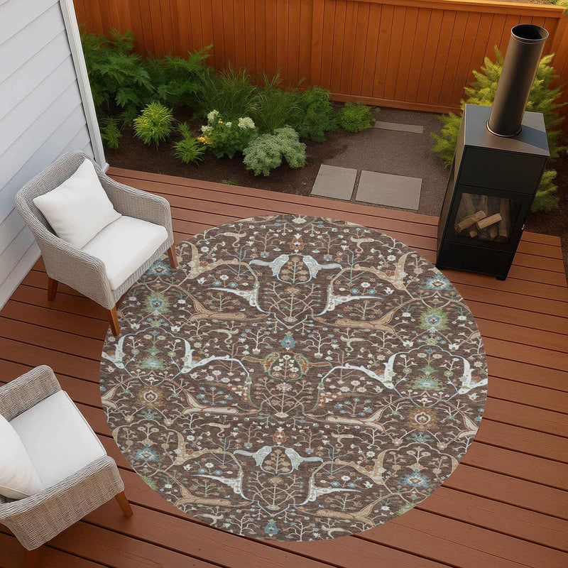 8' Brown Green And Ivory Round Floral Washable Indoor Outdoor Area Rug