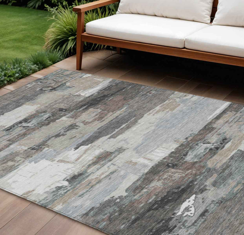 10' X 14' Taupe Gray And Silver Abstract Washable Indoor Outdoor Area Rug