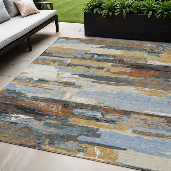 5' X 8' Brown Blue Ivory And Gold Abstract Washable Indoor Outdoor Area Rug