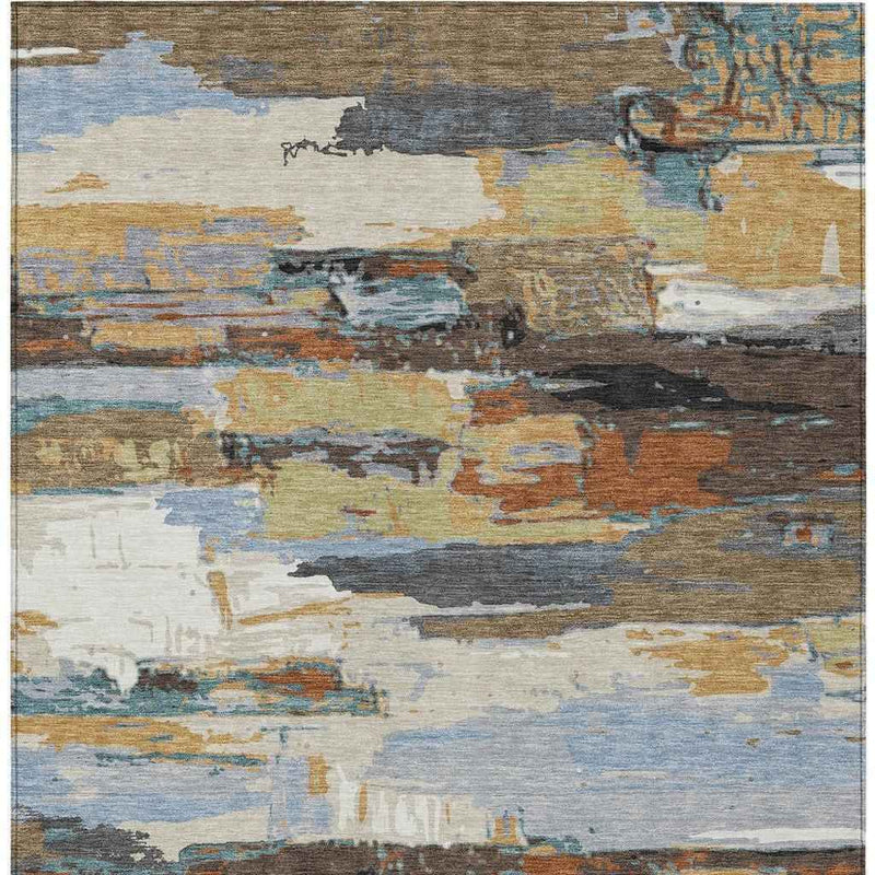 5' X 8' Brown Blue Ivory And Gold Abstract Washable Indoor Outdoor Area Rug