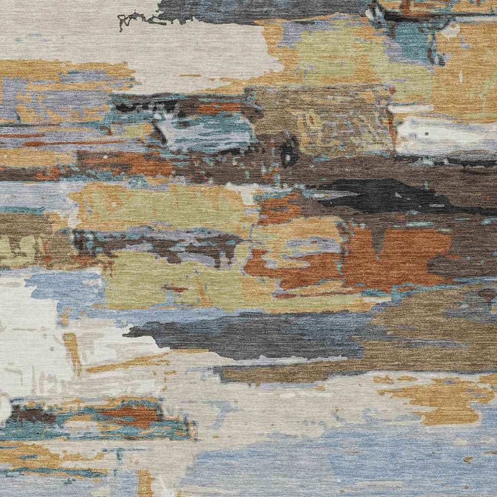 5' X 8' Brown Blue Ivory And Gold Abstract Washable Indoor Outdoor Area Rug