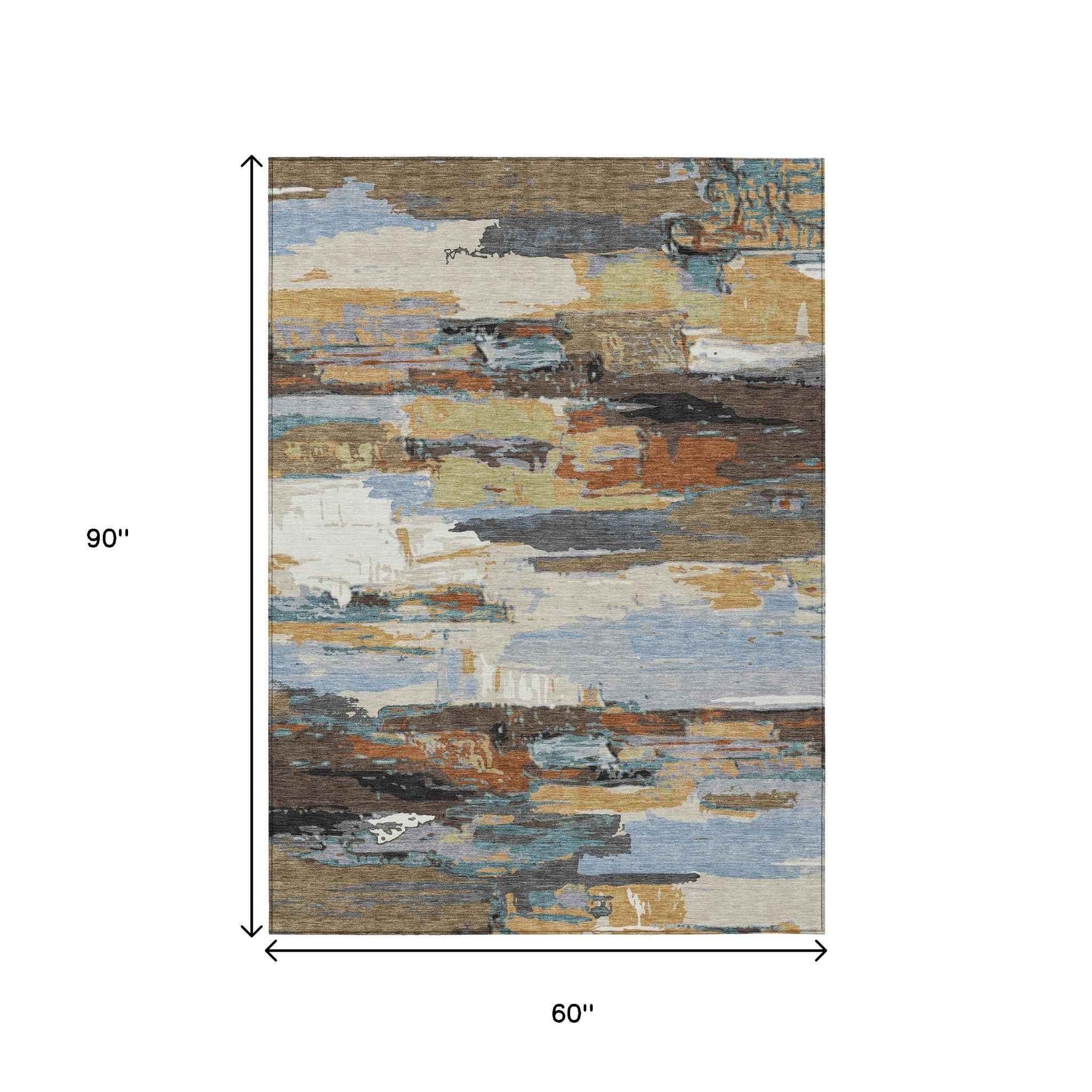 5' X 8' Brown Blue Ivory And Gold Abstract Washable Indoor Outdoor Area Rug