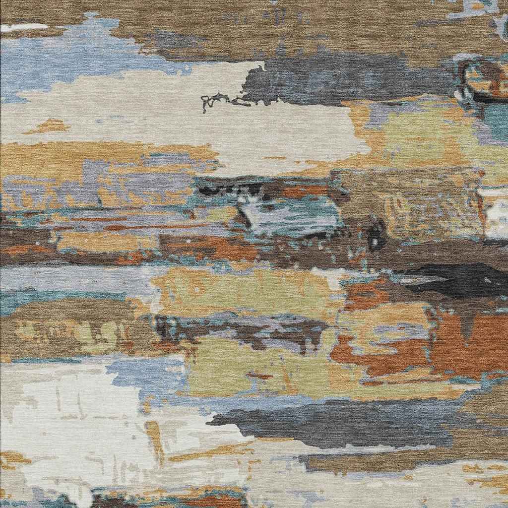 5' X 8' Brown Blue Ivory And Gold Abstract Washable Indoor Outdoor Area Rug