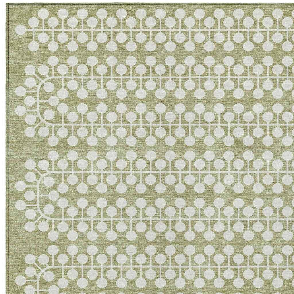 10' X 14' Artichoke Green And Ivory Geometric Washable Indoor Outdoor Area Rug