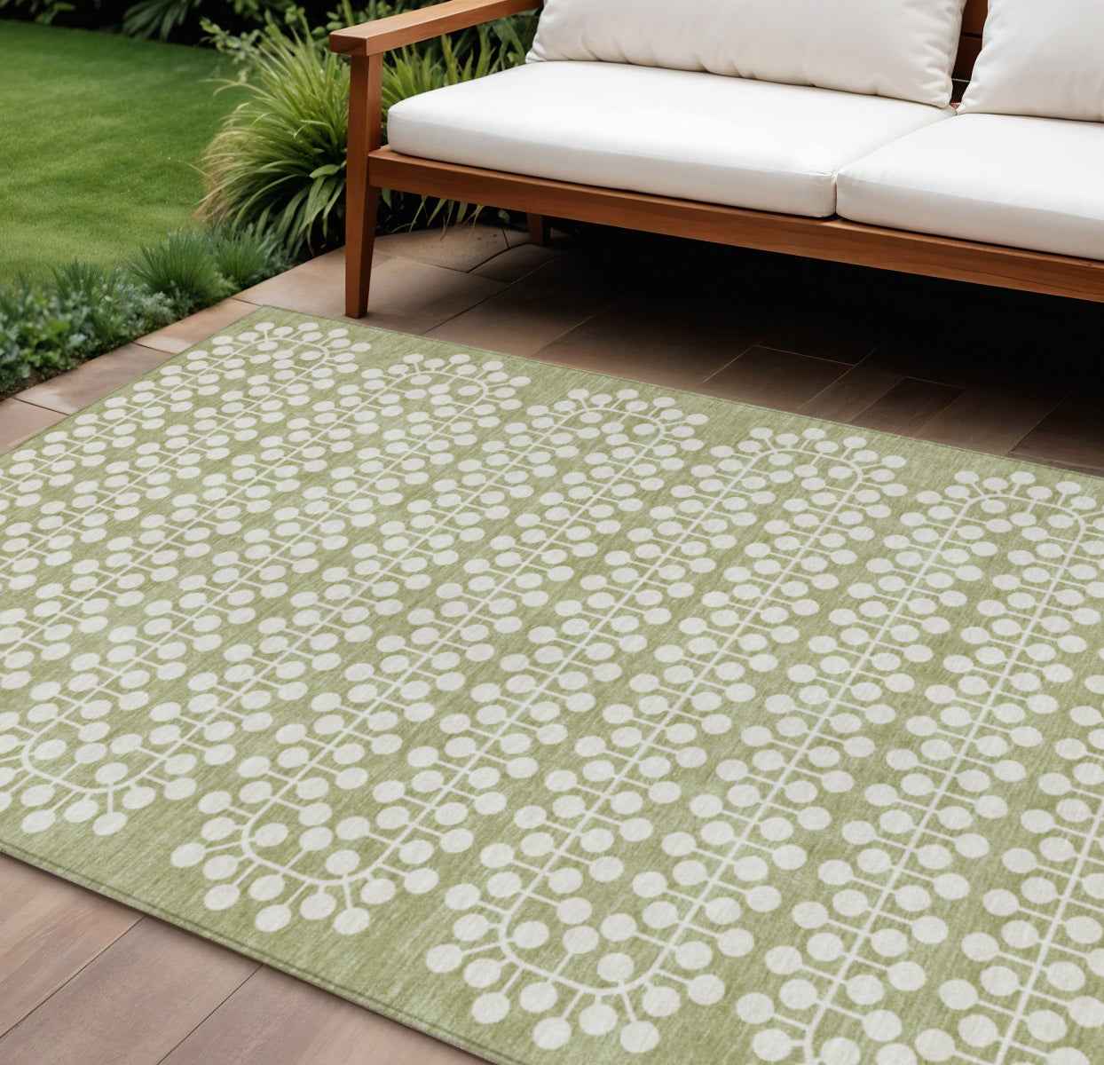 10' X 14' Artichoke Green And Ivory Geometric Washable Indoor Outdoor Area Rug