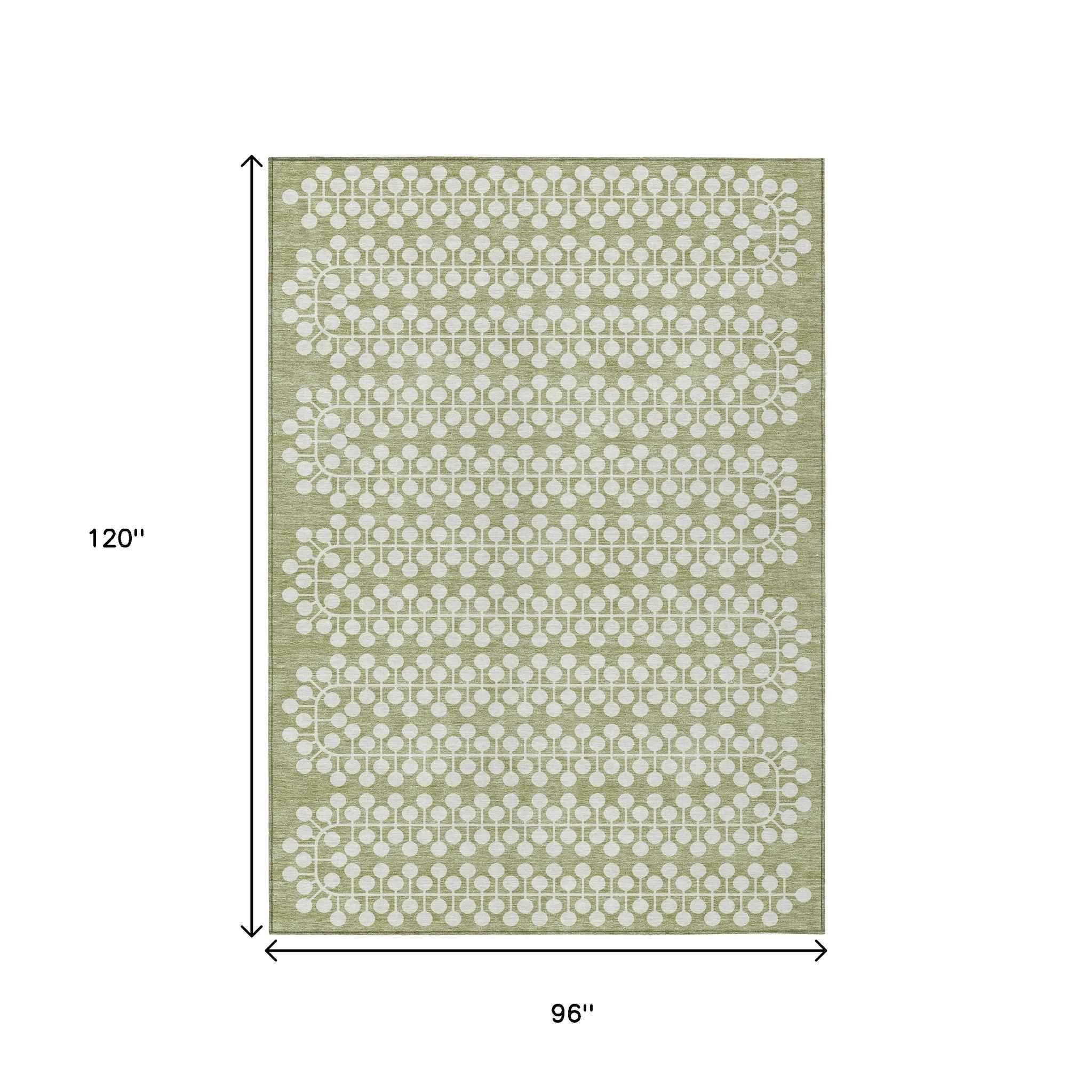 8' X 10' Artichoke Green And Ivory Geometric Washable Indoor Outdoor Area Rug