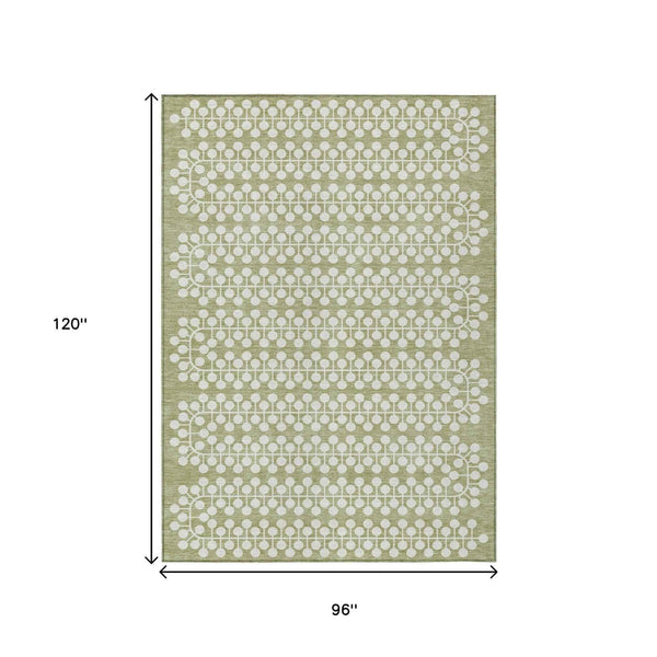 8' X 10' Artichoke Green And Ivory Geometric Washable Indoor Outdoor Area Rug