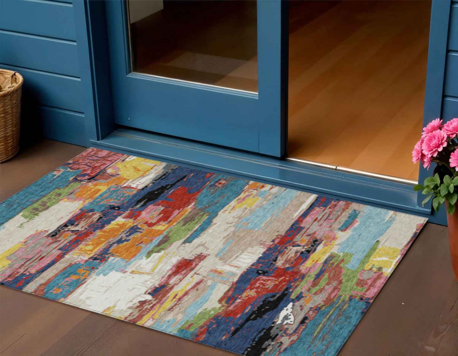 3' X 5' Denim Blue Green Red And Orange Abstract Washable Indoor Outdoor Area Rug