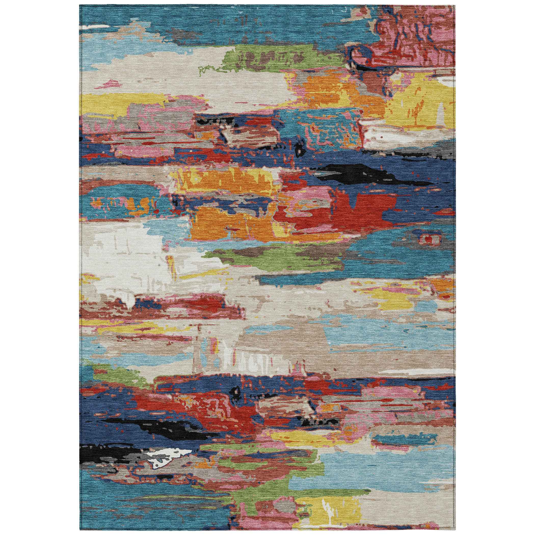 3' X 5' Denim Blue Green Red And Orange Abstract Washable Indoor Outdoor Area Rug