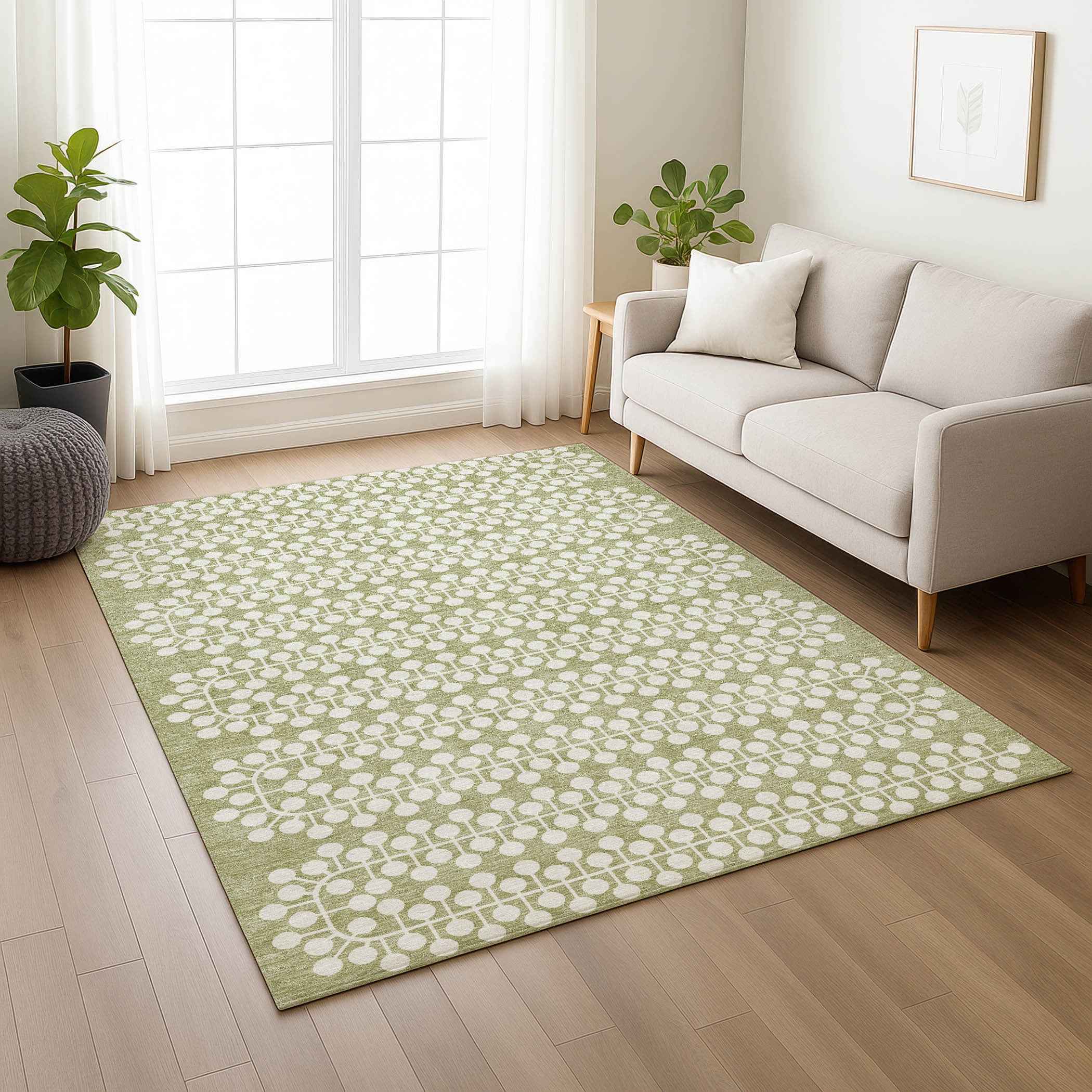 8' X 10' Artichoke Green And Ivory Geometric Washable Indoor Outdoor Area Rug