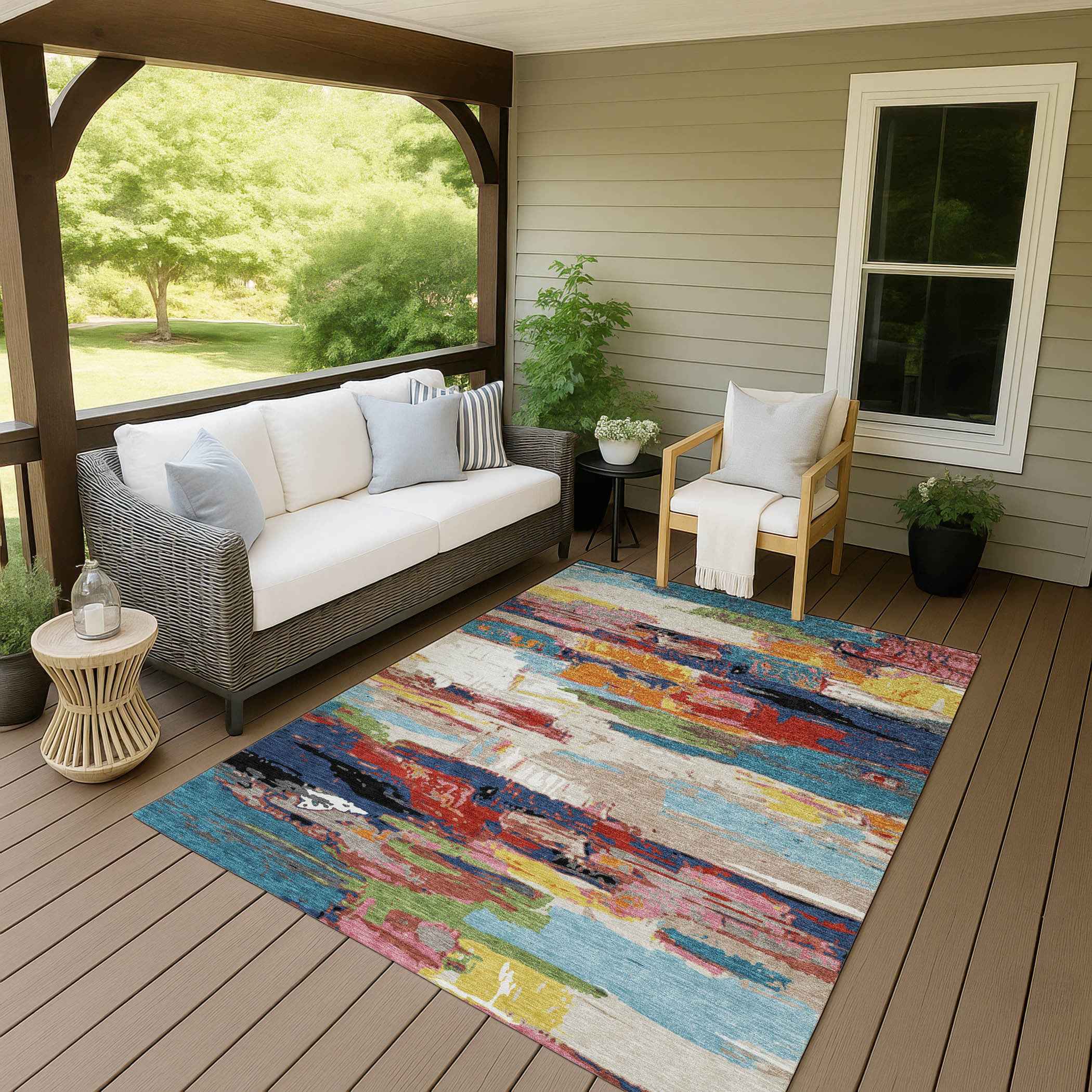 3' X 5' Denim Blue Green Red And Orange Abstract Washable Indoor Outdoor Area Rug
