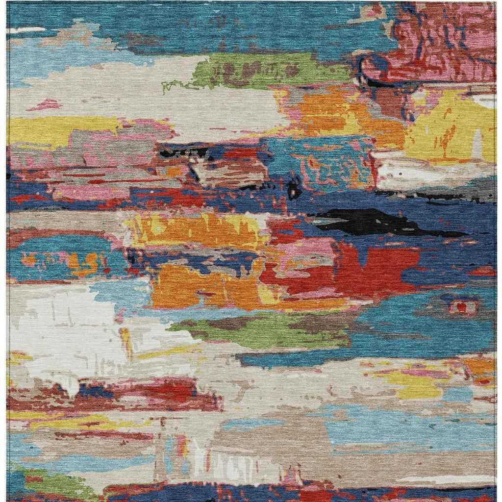 3' X 5' Denim Blue Green Red And Orange Abstract Washable Indoor Outdoor Area Rug