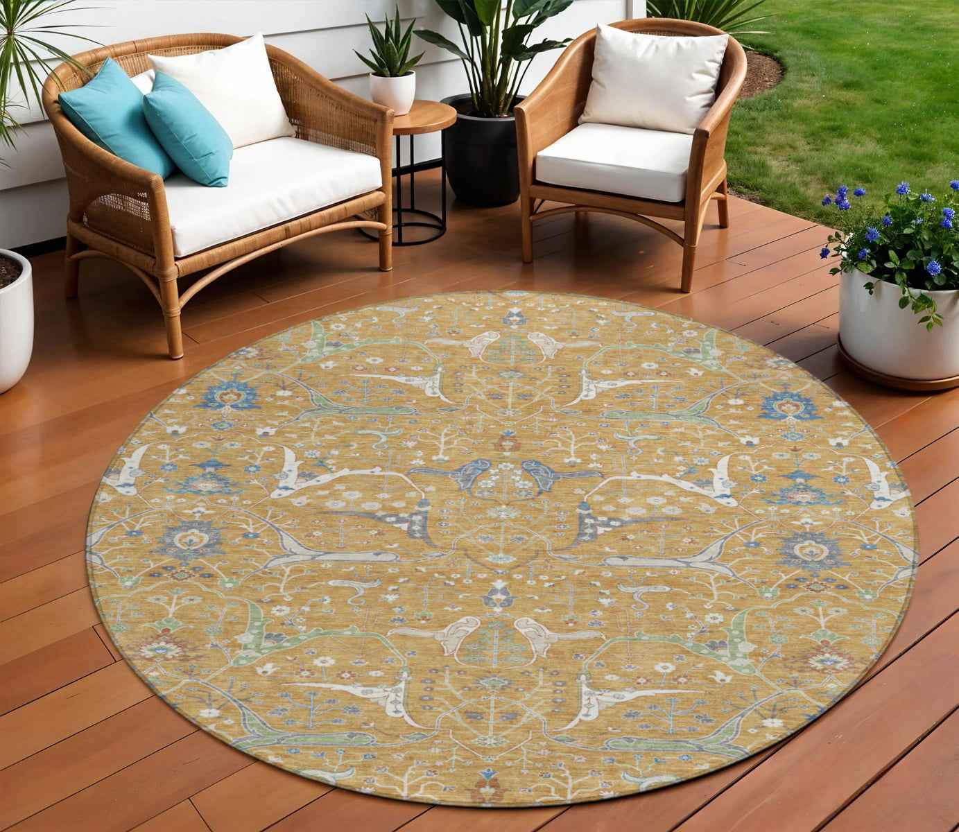 8' Gold And Blue Round Floral Washable Indoor Outdoor Area Rug