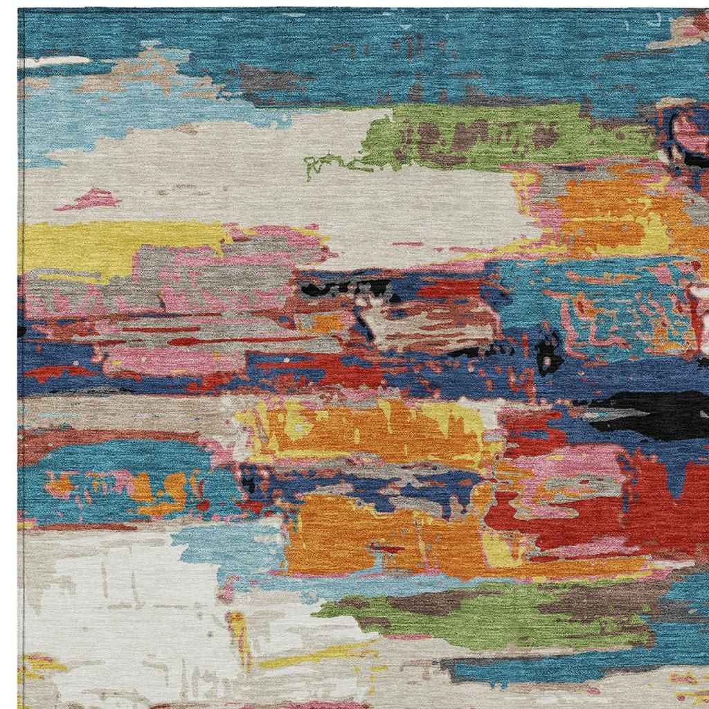 3' X 5' Denim Blue Green Red And Orange Abstract Washable Indoor Outdoor Area Rug