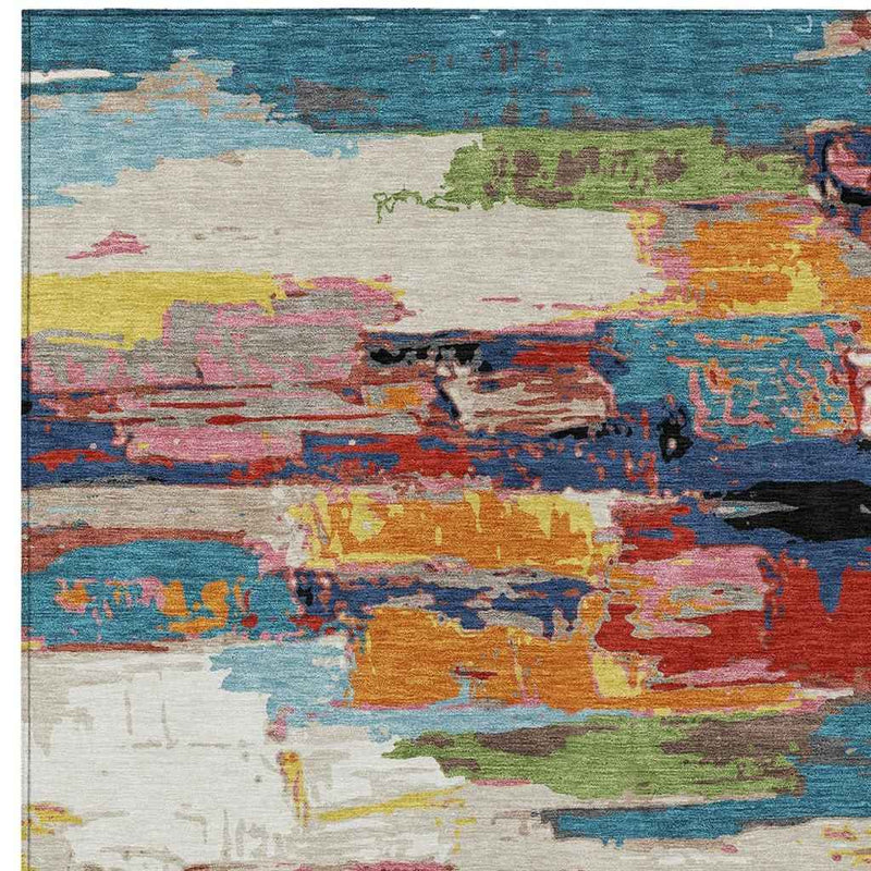 3' X 5' Denim Blue Green Red And Orange Abstract Washable Indoor Outdoor Area Rug