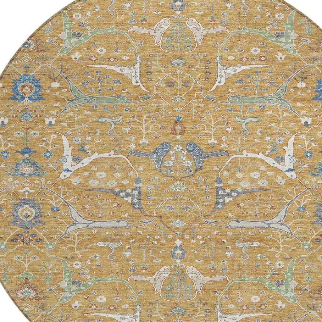 8' Gold And Blue Round Floral Washable Indoor Outdoor Area Rug