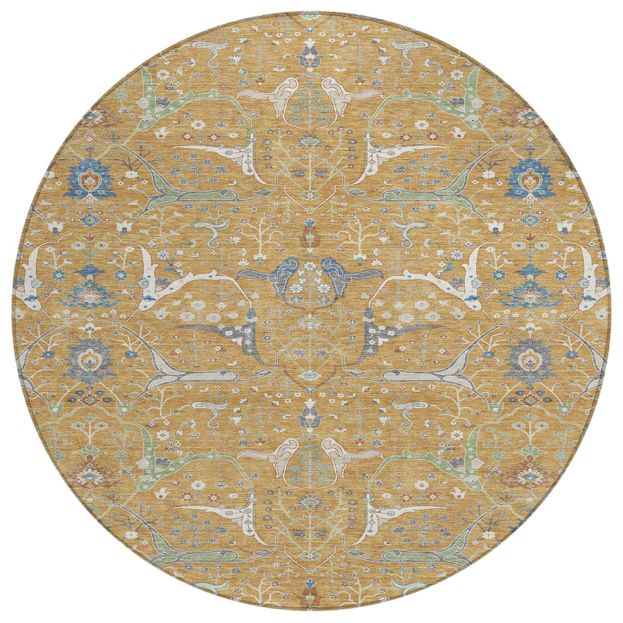 8' Gold And Blue Round Floral Washable Indoor Outdoor Area Rug