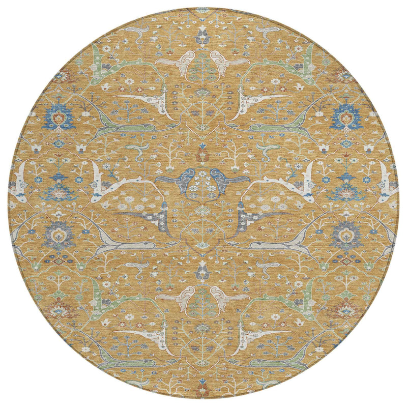 8' Gold And Blue Round Floral Washable Indoor Outdoor Area Rug