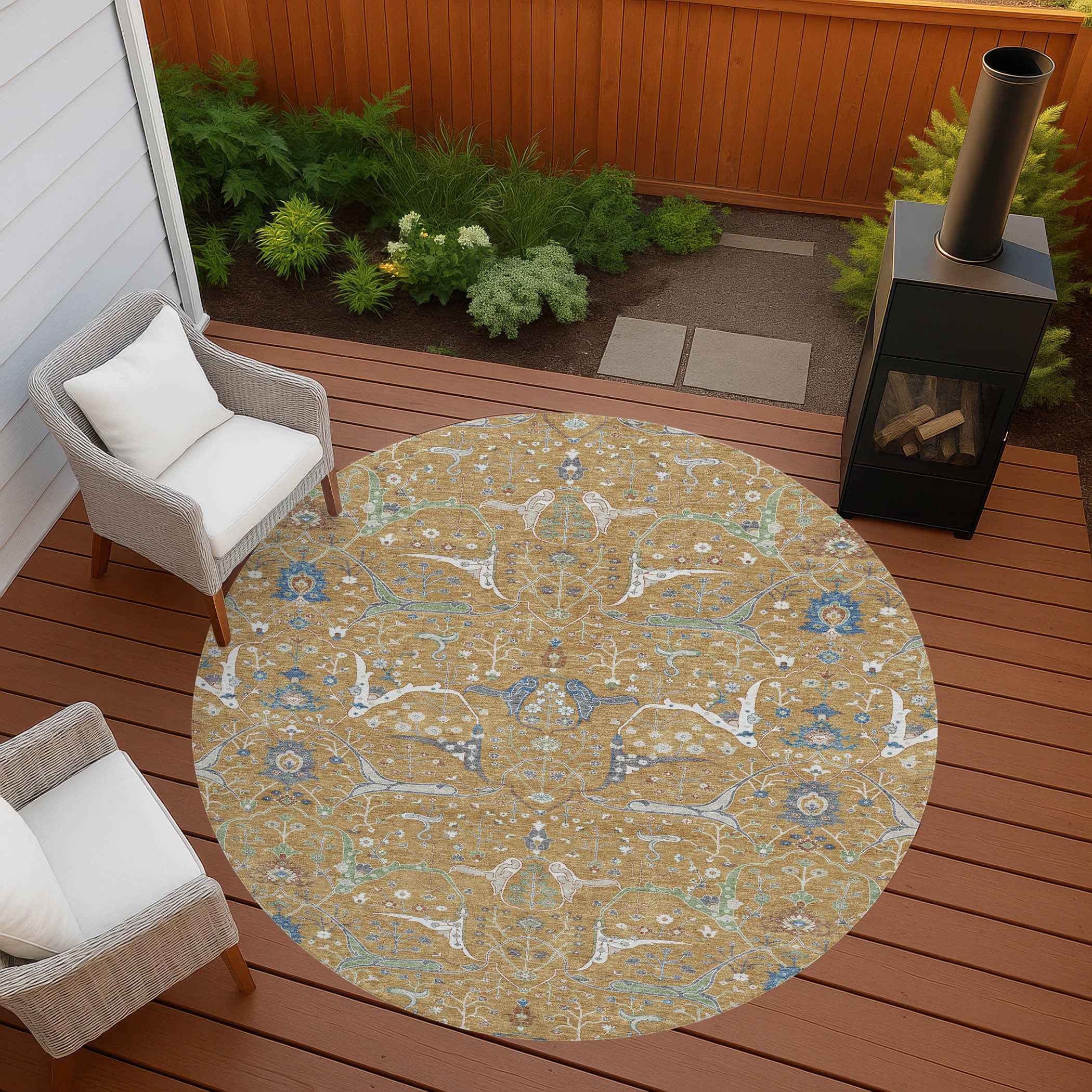 8' Gold And Blue Round Floral Washable Indoor Outdoor Area Rug