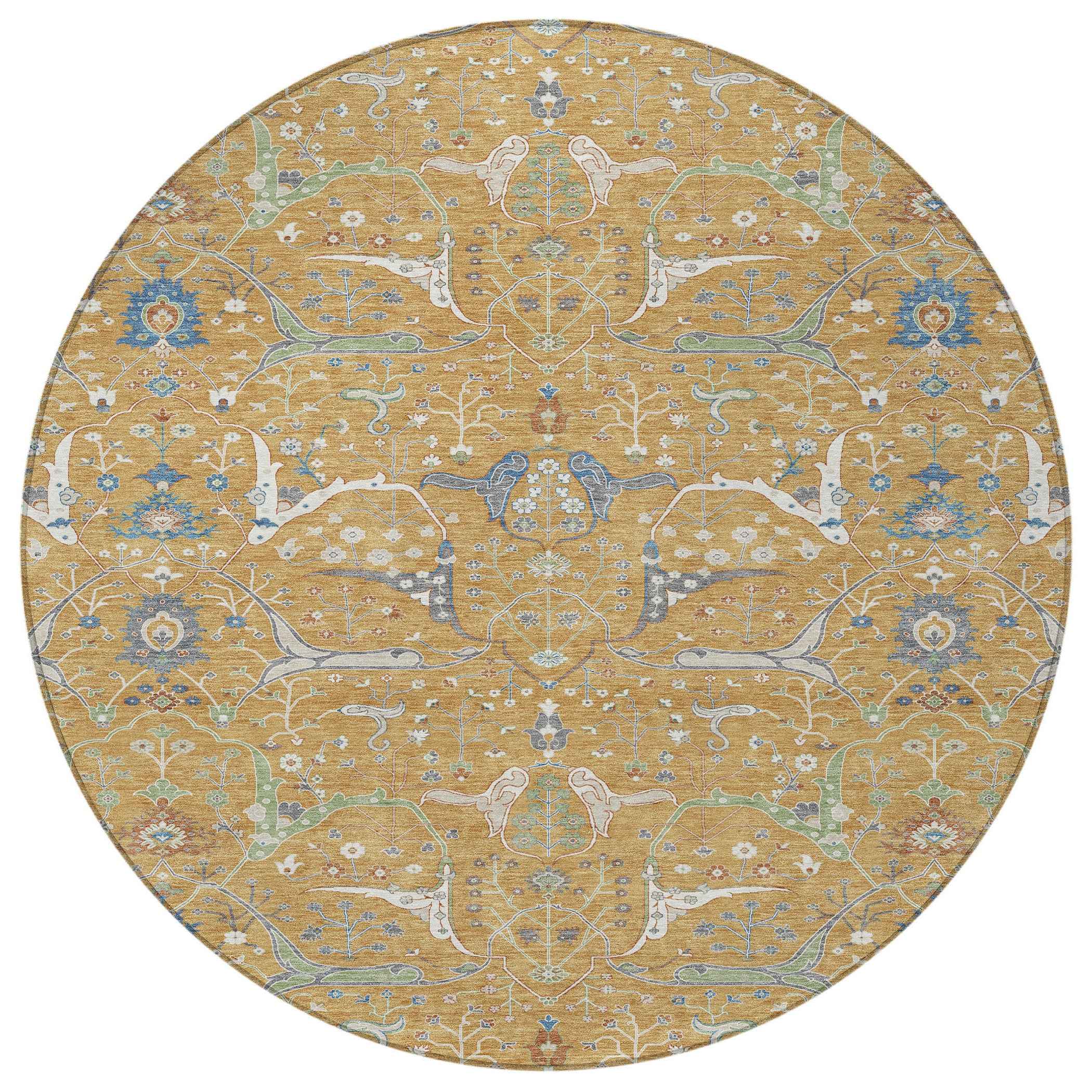 8' Gold And Blue Round Floral Washable Indoor Outdoor Area Rug