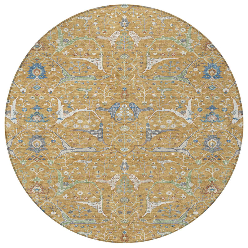 8' Gold And Blue Round Floral Washable Indoor Outdoor Area Rug