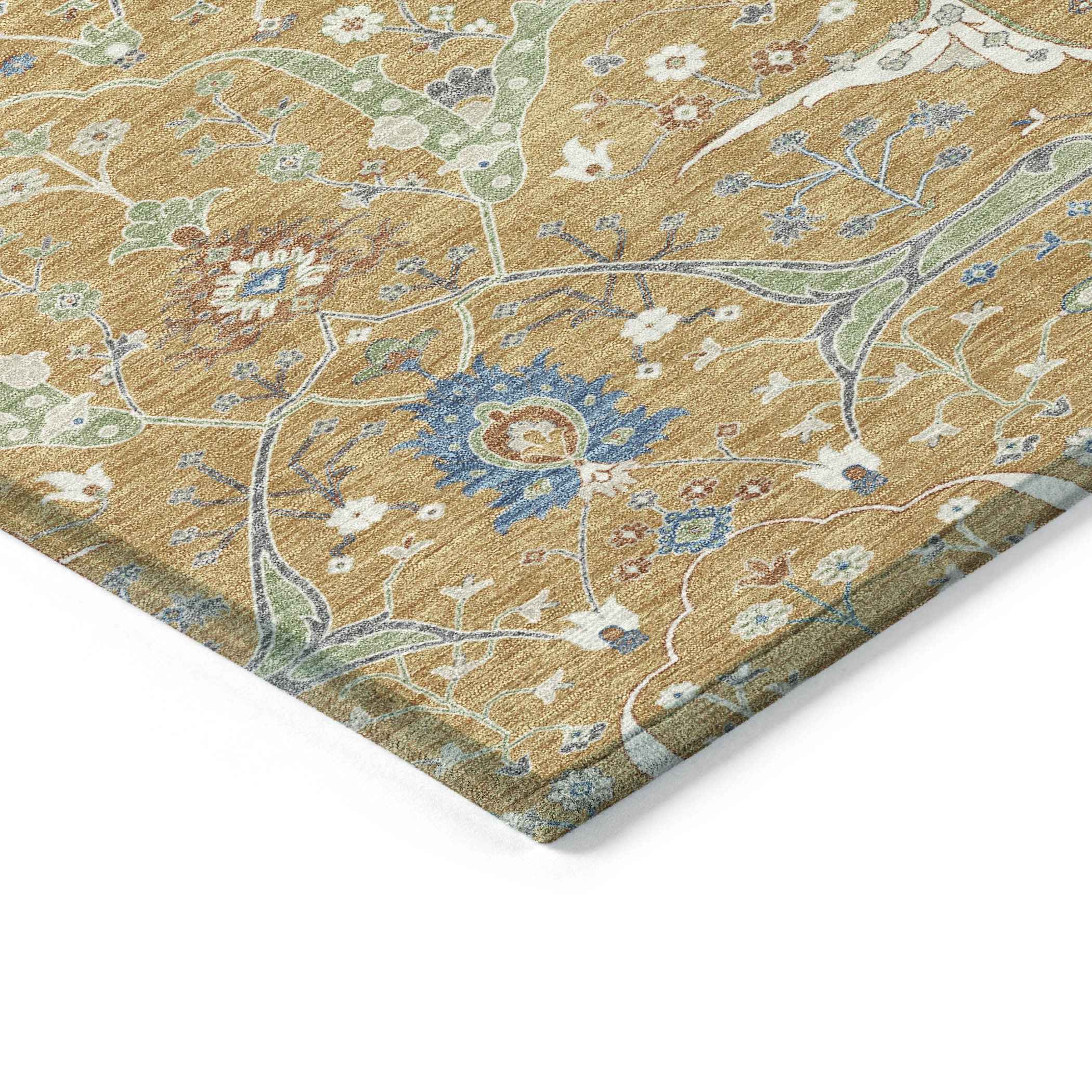 8' Gold And Blue Round Floral Washable Indoor Outdoor Area Rug