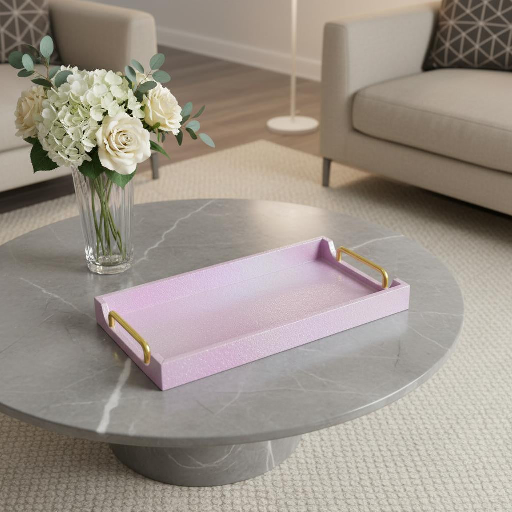 16" Pink Faux Shagreen Serving Tray With Handles - Kitchen & Dining