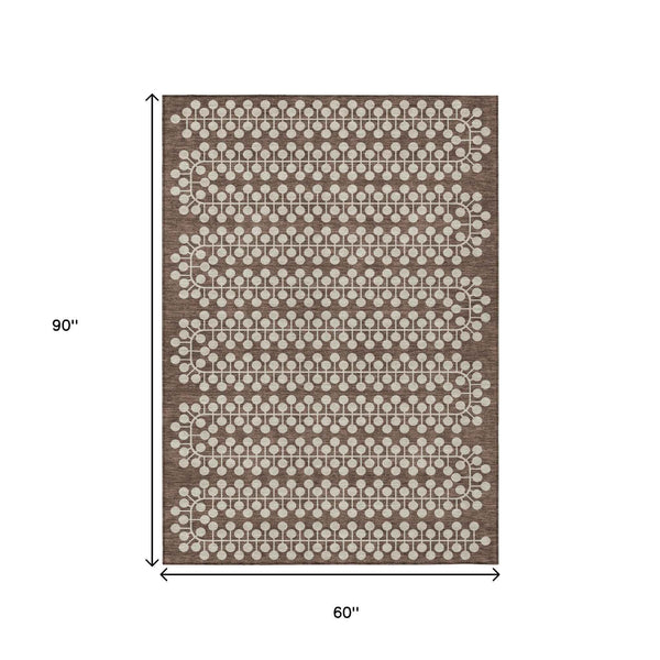 5' X 8' Brown And Ivory Geometric Washable Indoor Outdoor Area Rug