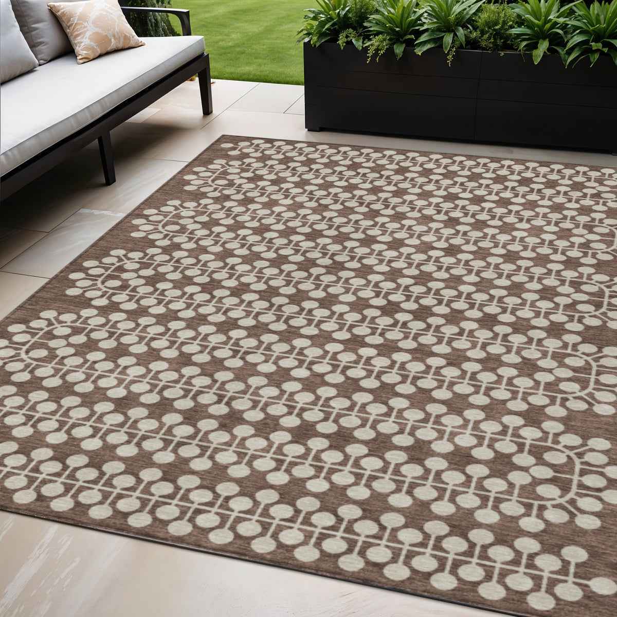 5' X 8' Brown And Ivory Geometric Washable Indoor Outdoor Area Rug