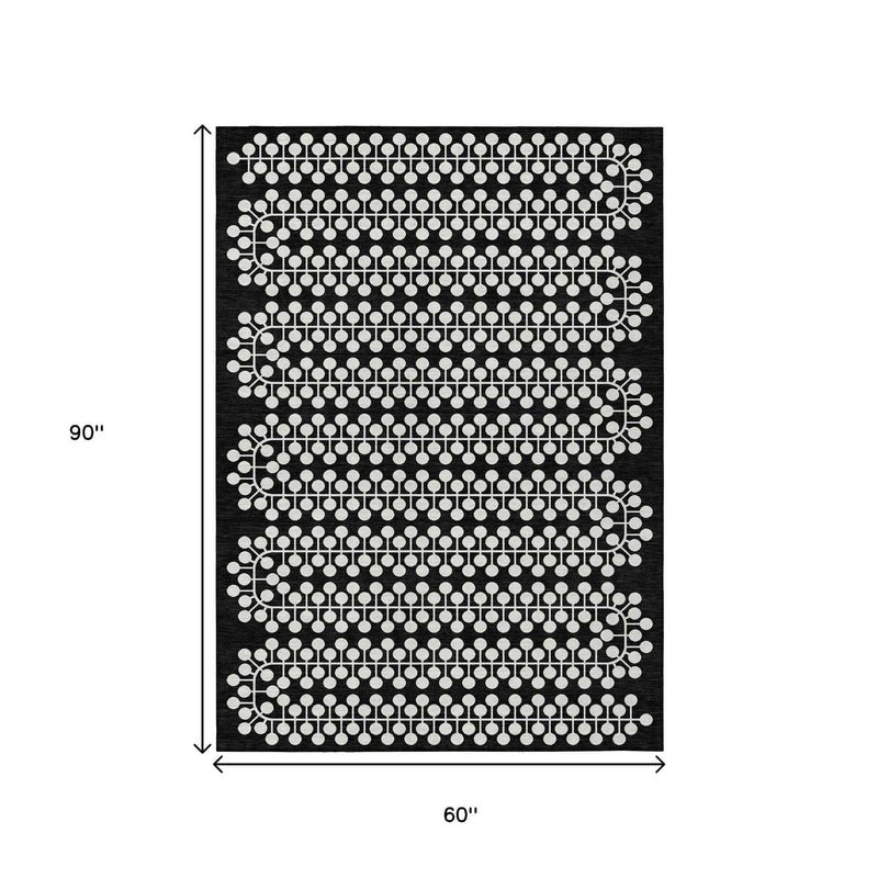 5' X 8' Black And Ivory Geometric Washable Indoor Outdoor Area Rug