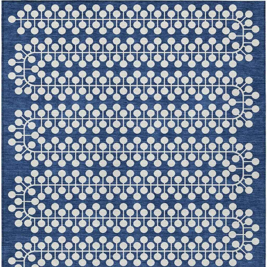 3' X 5' Navy Blue And Ivory Geometric Washable Indoor Outdoor Area Rug