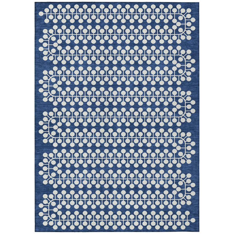 3' X 5' Navy Blue And Ivory Geometric Washable Indoor Outdoor Area Rug