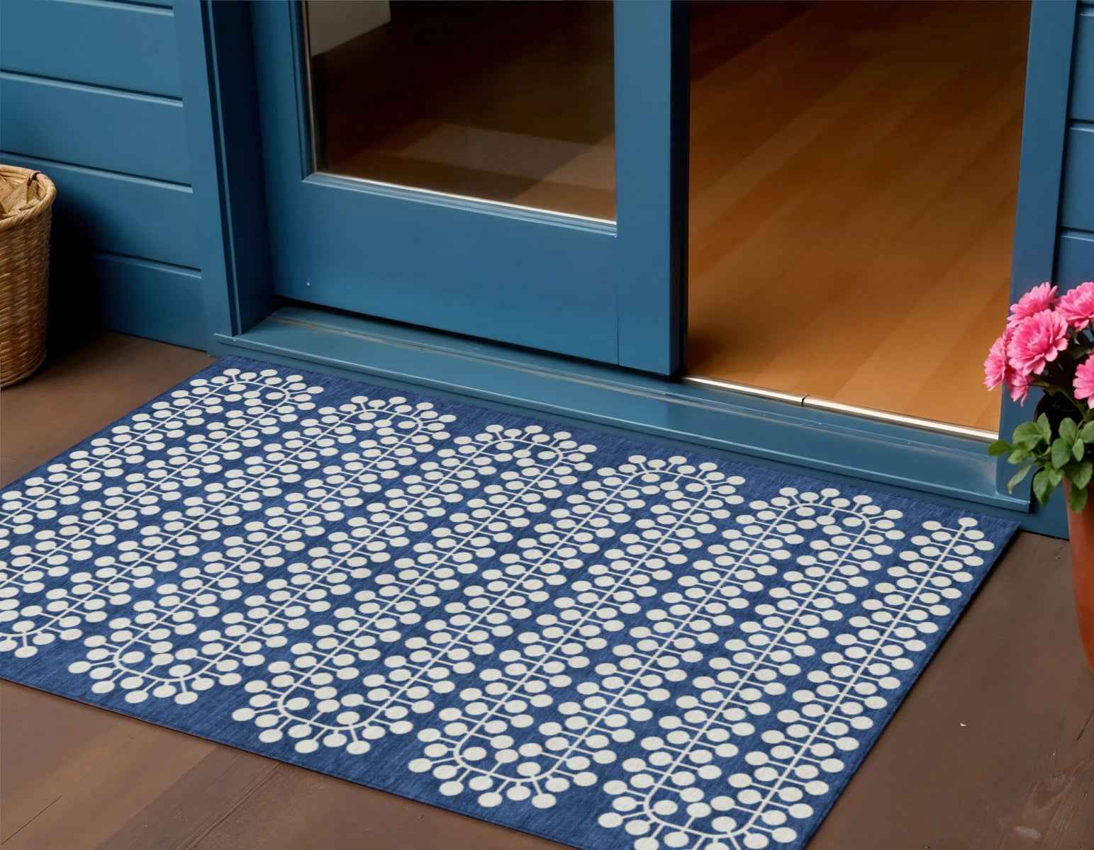 3' X 5' Navy Blue And Ivory Geometric Washable Indoor Outdoor Area Rug