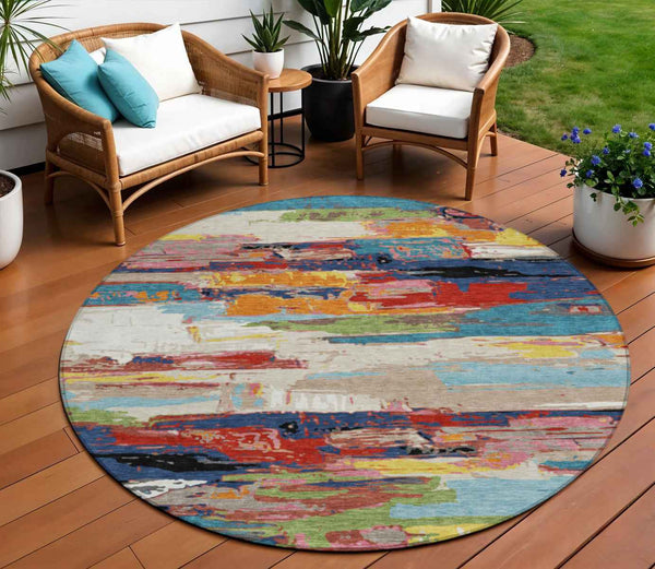 8' Denim Blue Green Red And Orange Round Abstract Washable Indoor Outdoor Area Rug