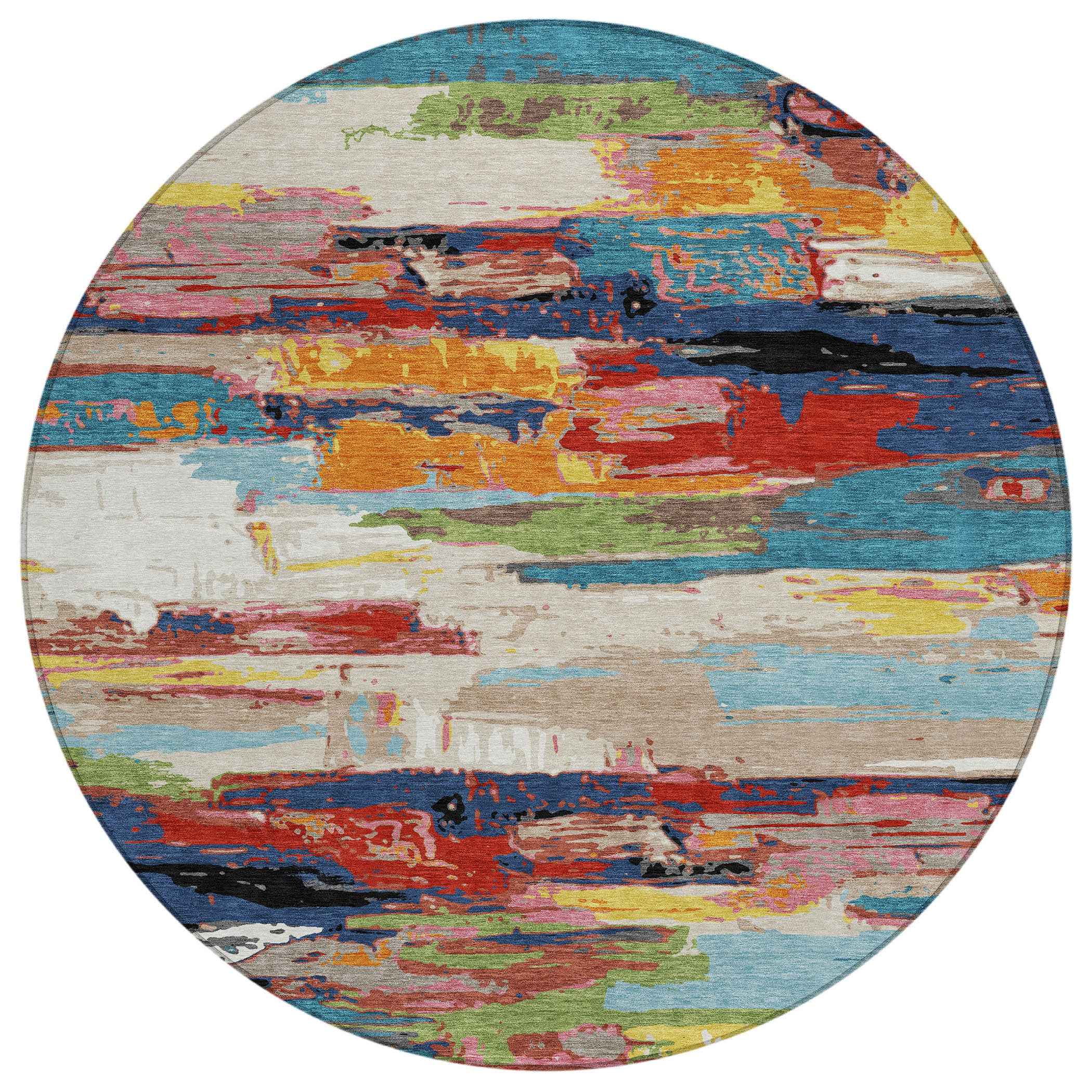 8' Denim Blue Green Red And Orange Round Abstract Washable Indoor Outdoor Area Rug
