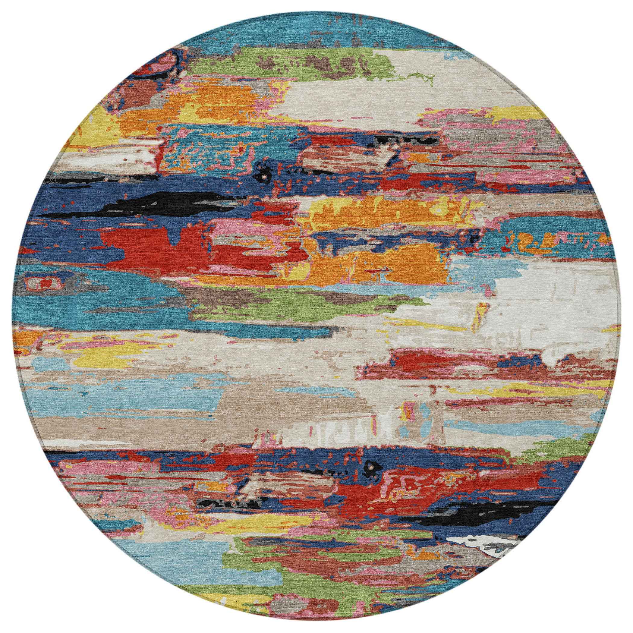 8' Denim Blue Green Red And Orange Round Abstract Washable Indoor Outdoor Area Rug