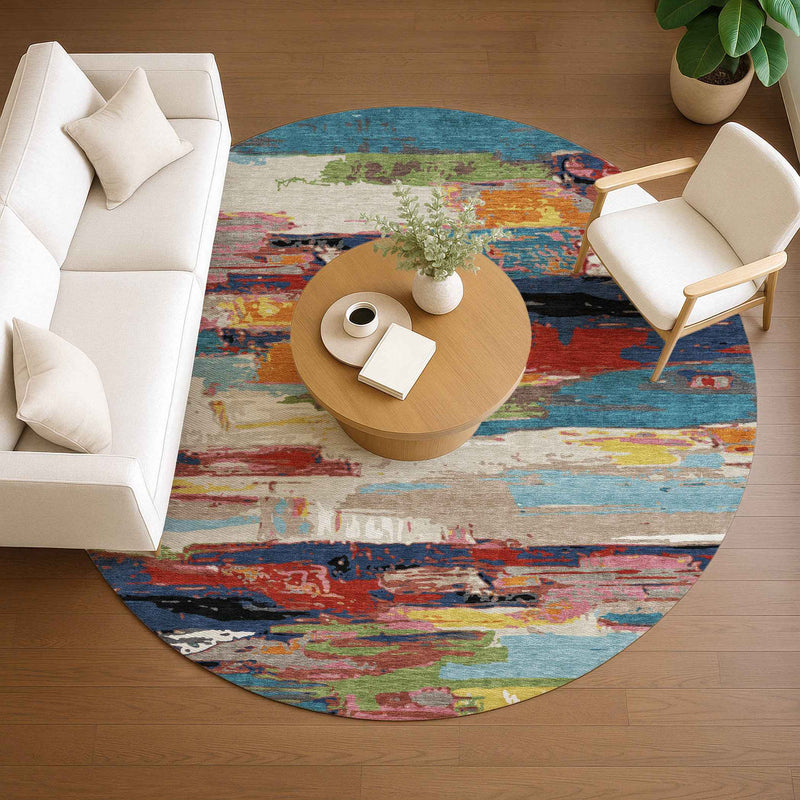 8' Denim Blue Green Red And Orange Round Abstract Washable Indoor Outdoor Area Rug