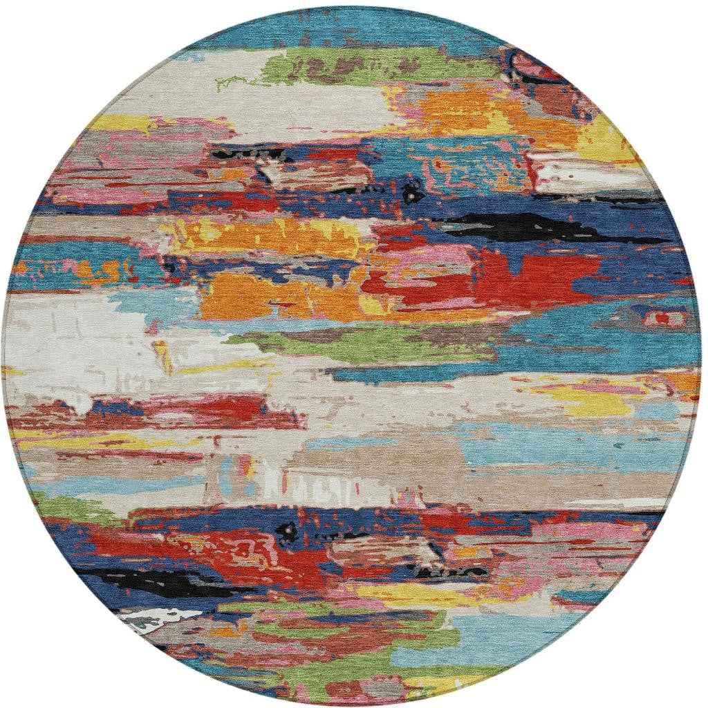 8' Denim Blue Green Red And Orange Round Abstract Washable Indoor Outdoor Area Rug
