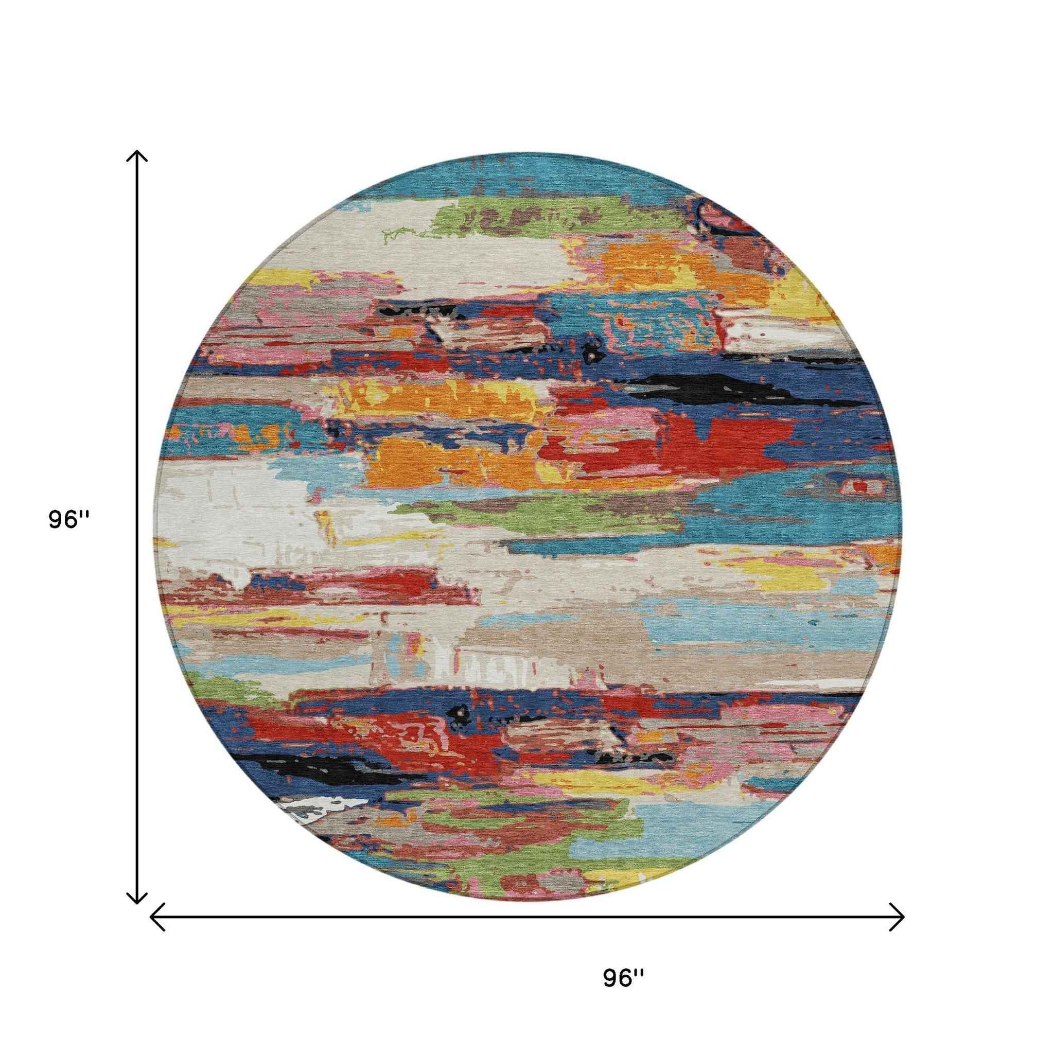 8' Denim Blue Green Red And Orange Round Abstract Washable Indoor Outdoor Area Rug