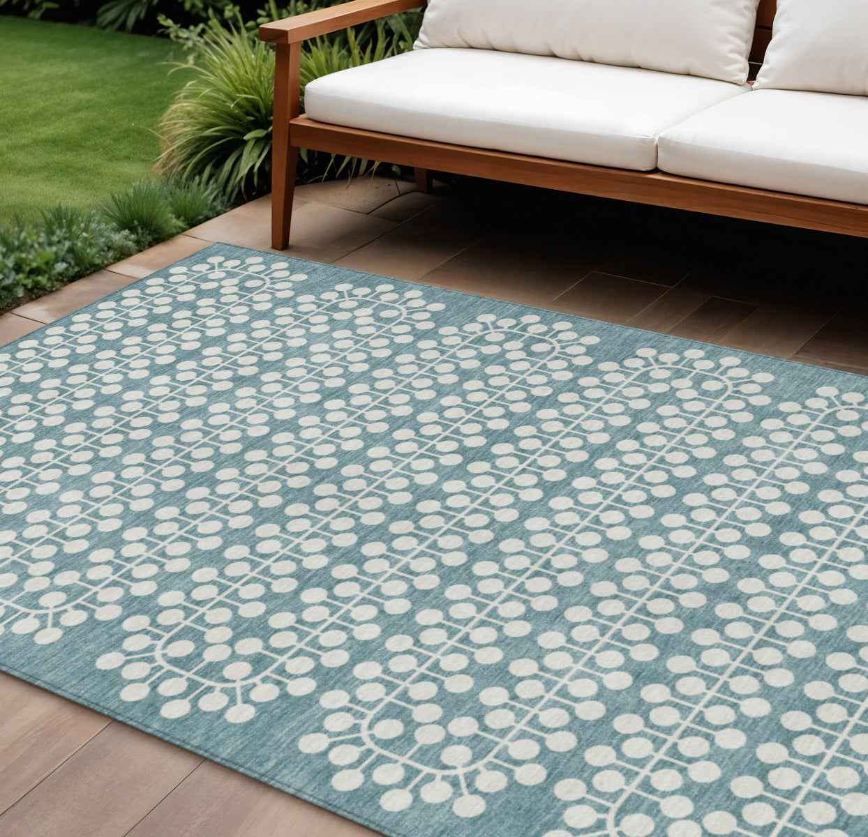 10' X 14' Teal Blue And Ivory Geometric Washable Indoor Outdoor Area Rug