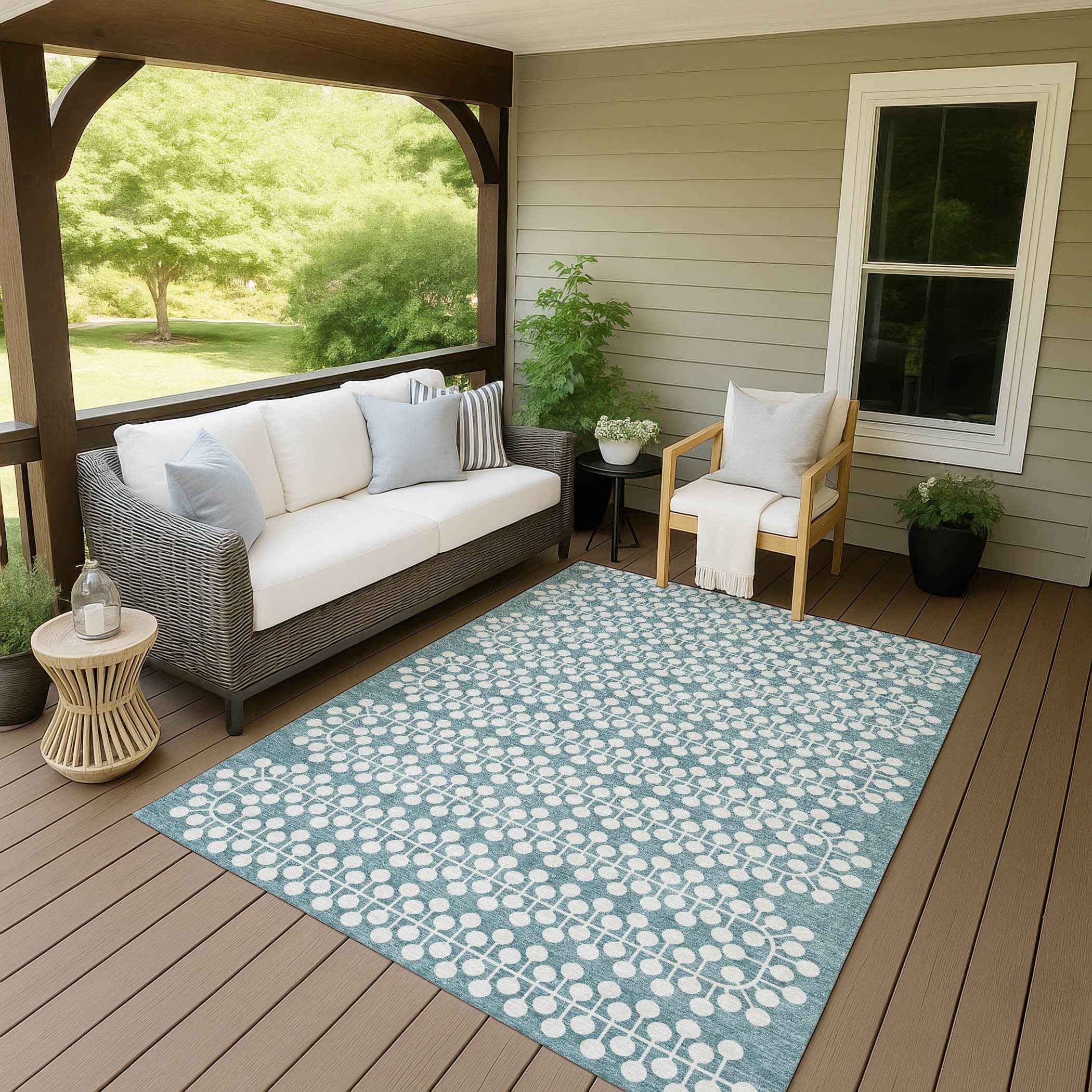 10' X 14' Teal Blue And Ivory Geometric Washable Indoor Outdoor Area Rug