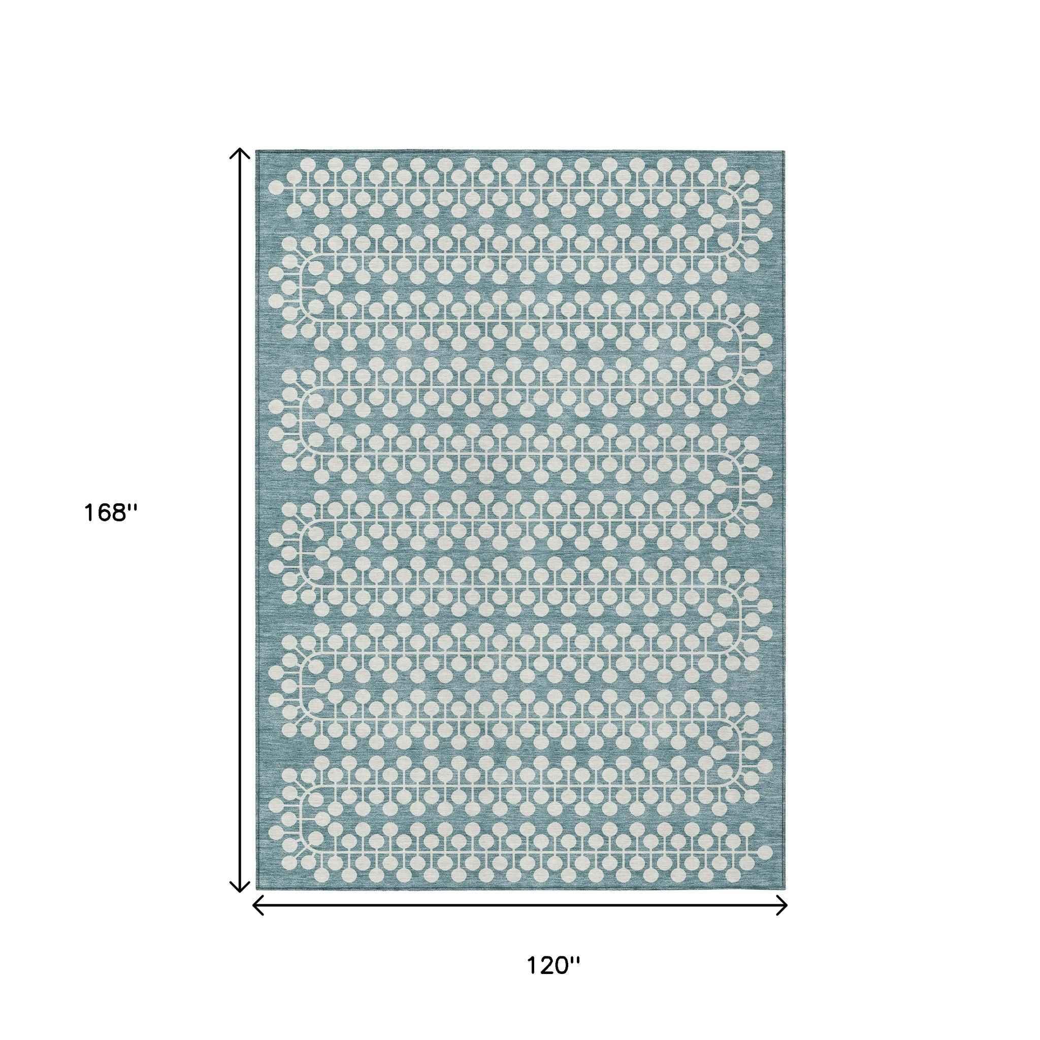 10' X 14' Teal Blue And Ivory Geometric Washable Indoor Outdoor Area Rug
