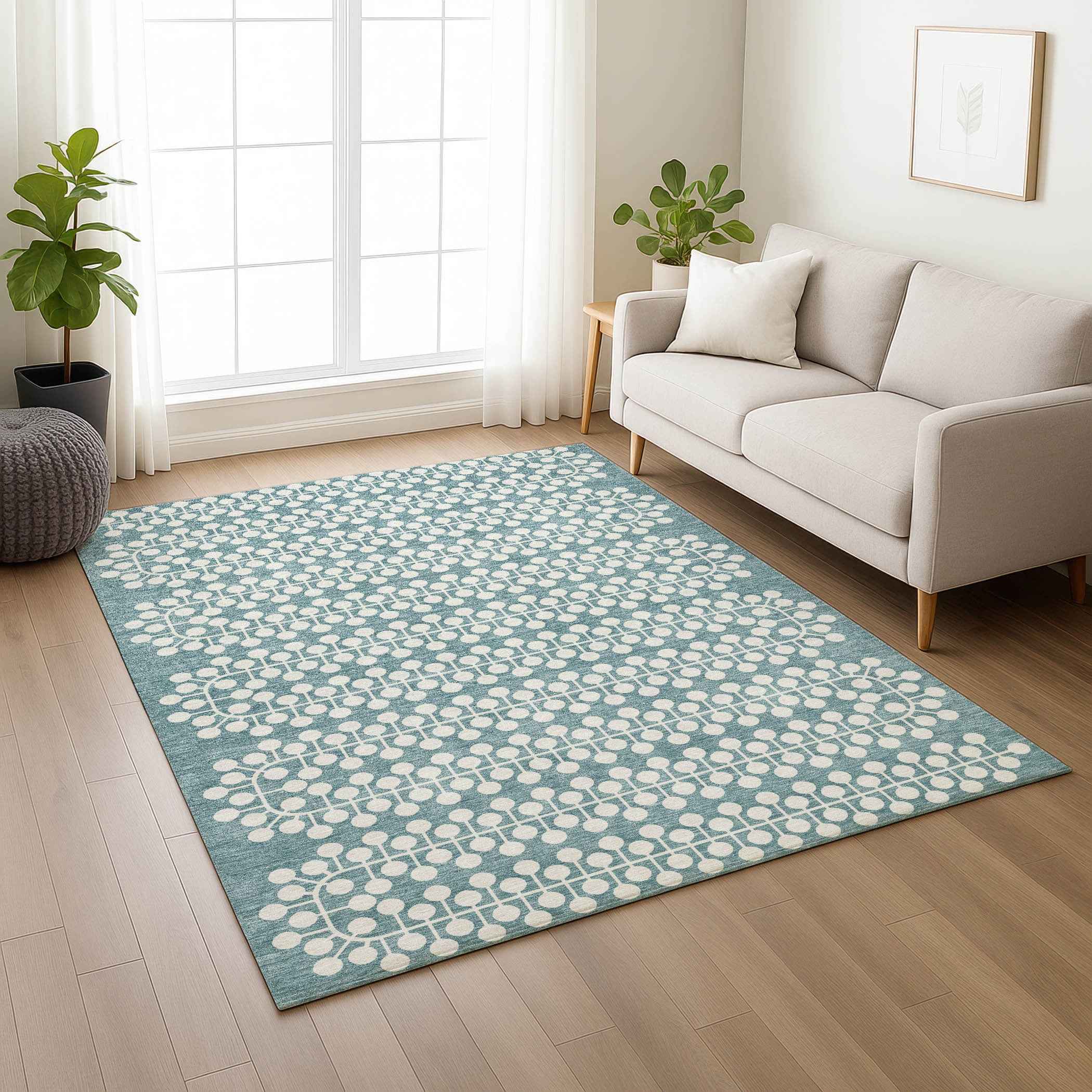 10' X 14' Teal Blue And Ivory Geometric Washable Indoor Outdoor Area Rug