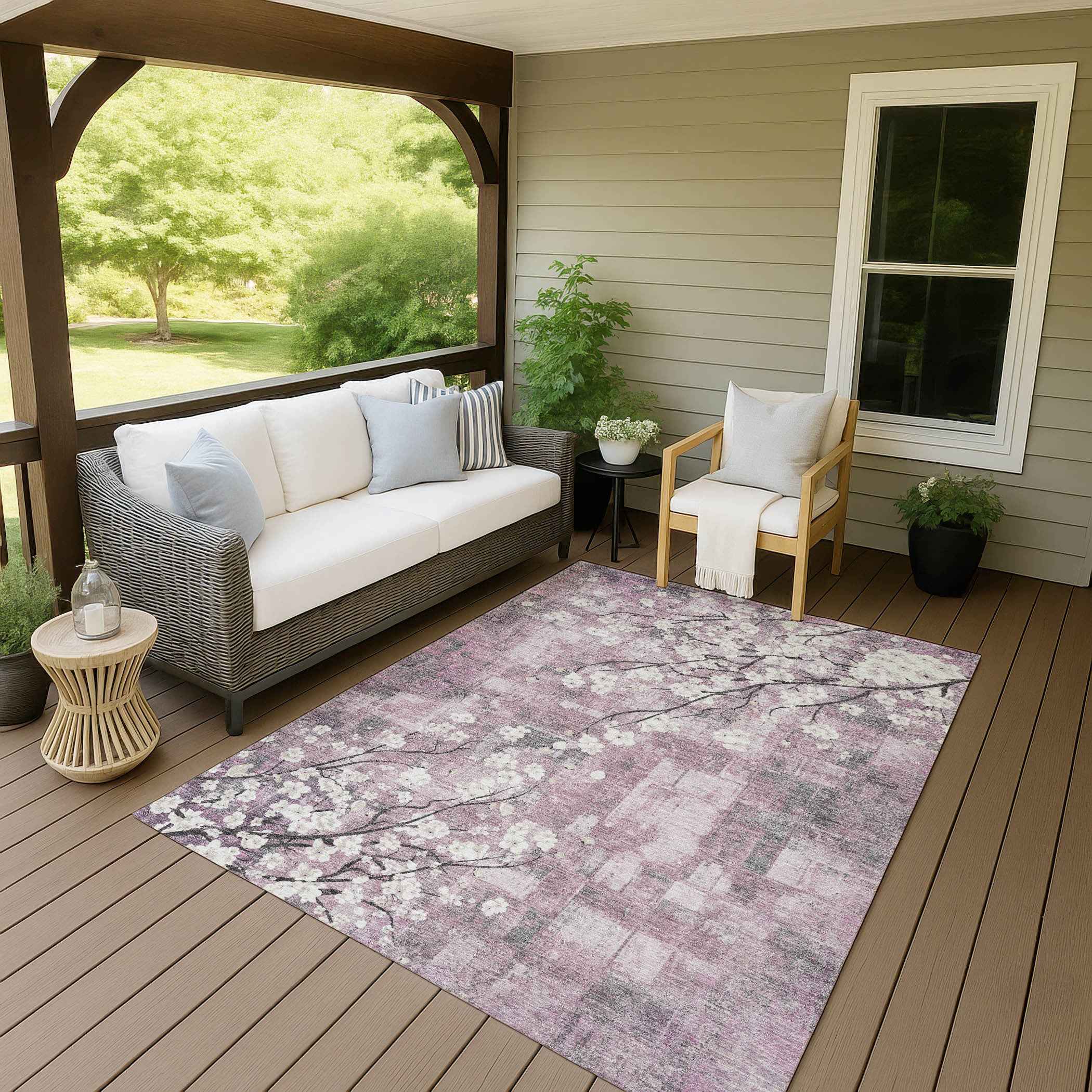 9' X 12' Blush Ivory And Gray Floral Washable Indoor Outdoor Area Rug